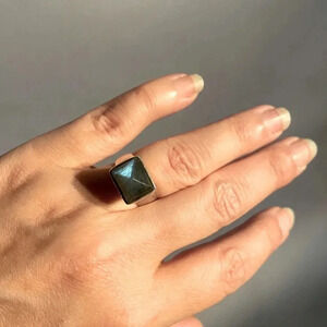 Sculptural silver statement ring and unusual opalescent stone. Size 7.5